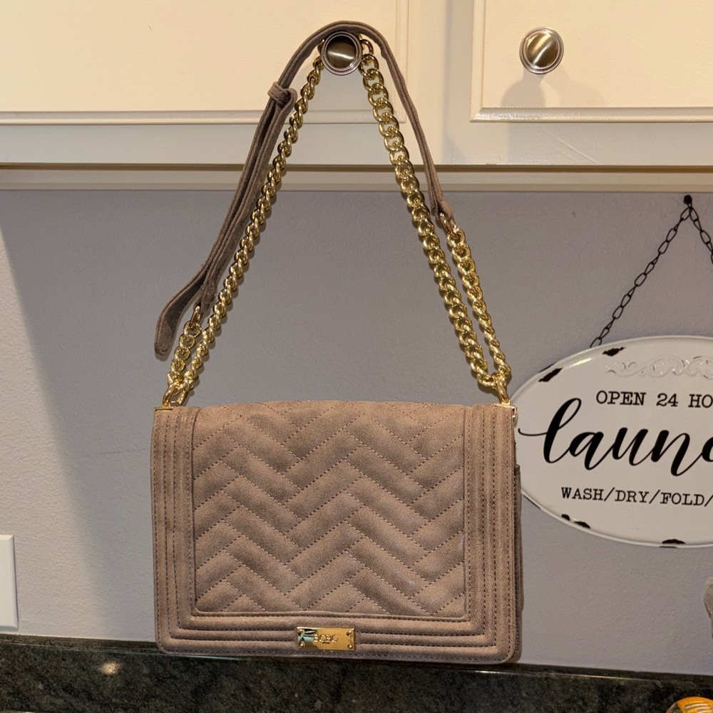 Guess Taupe Quilted Crossbody Bag with Gold Chain